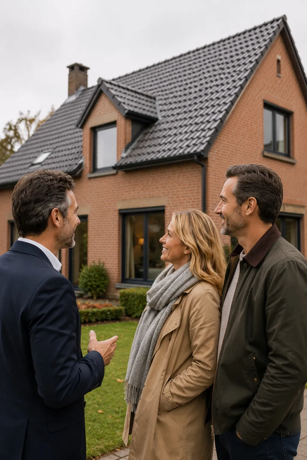 Young couple with real estate agent visiting house for sale in residential area